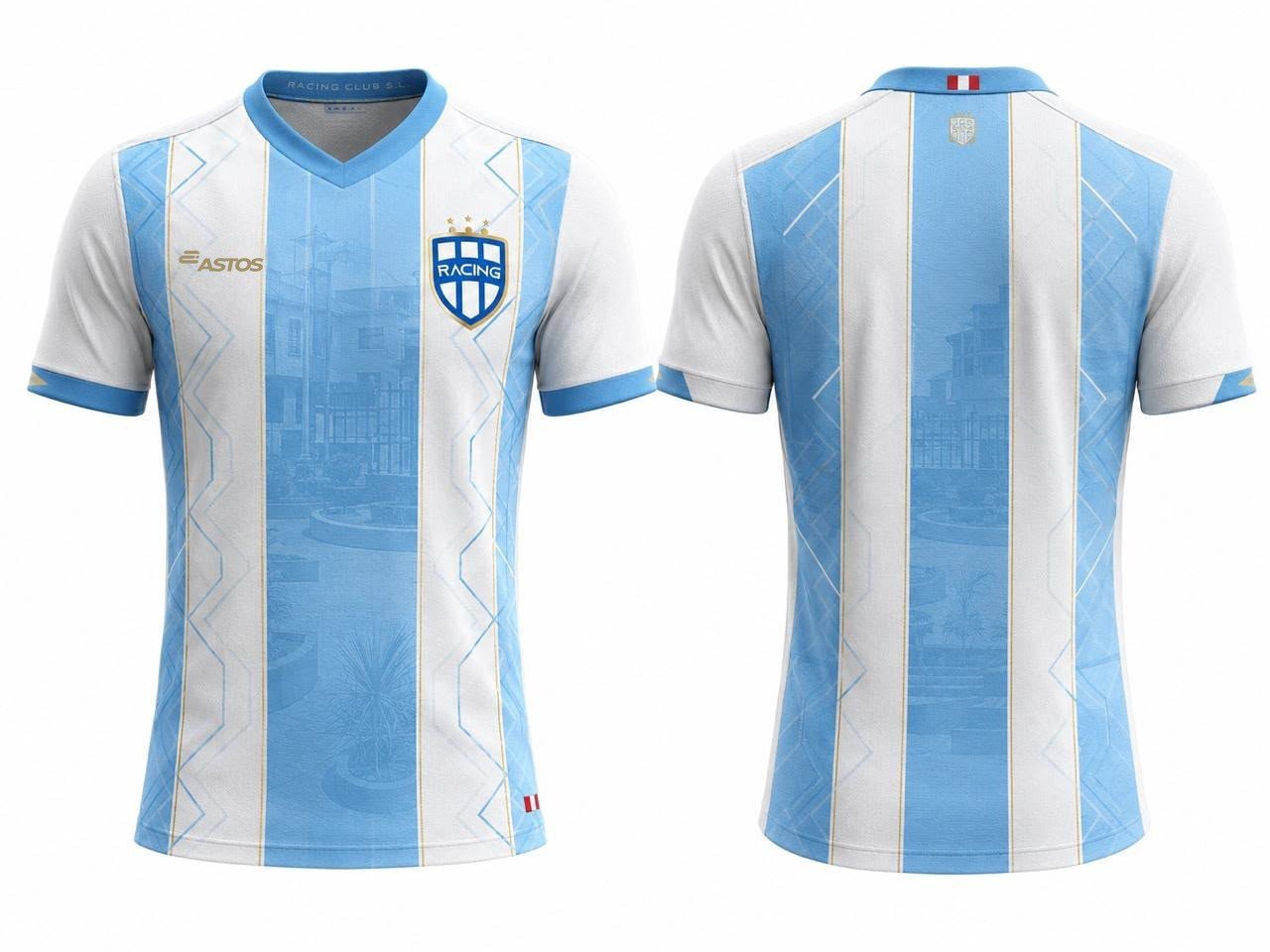 Camiseta 2026 · Modelo A: Cuello en V celeste completo y franja del pecho celeste grande