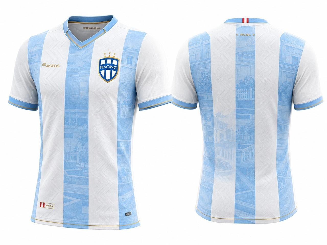 Camiseta 2026 · Modelo B: Cuello en V celeste con dorado y franja del pecho celeste angosta