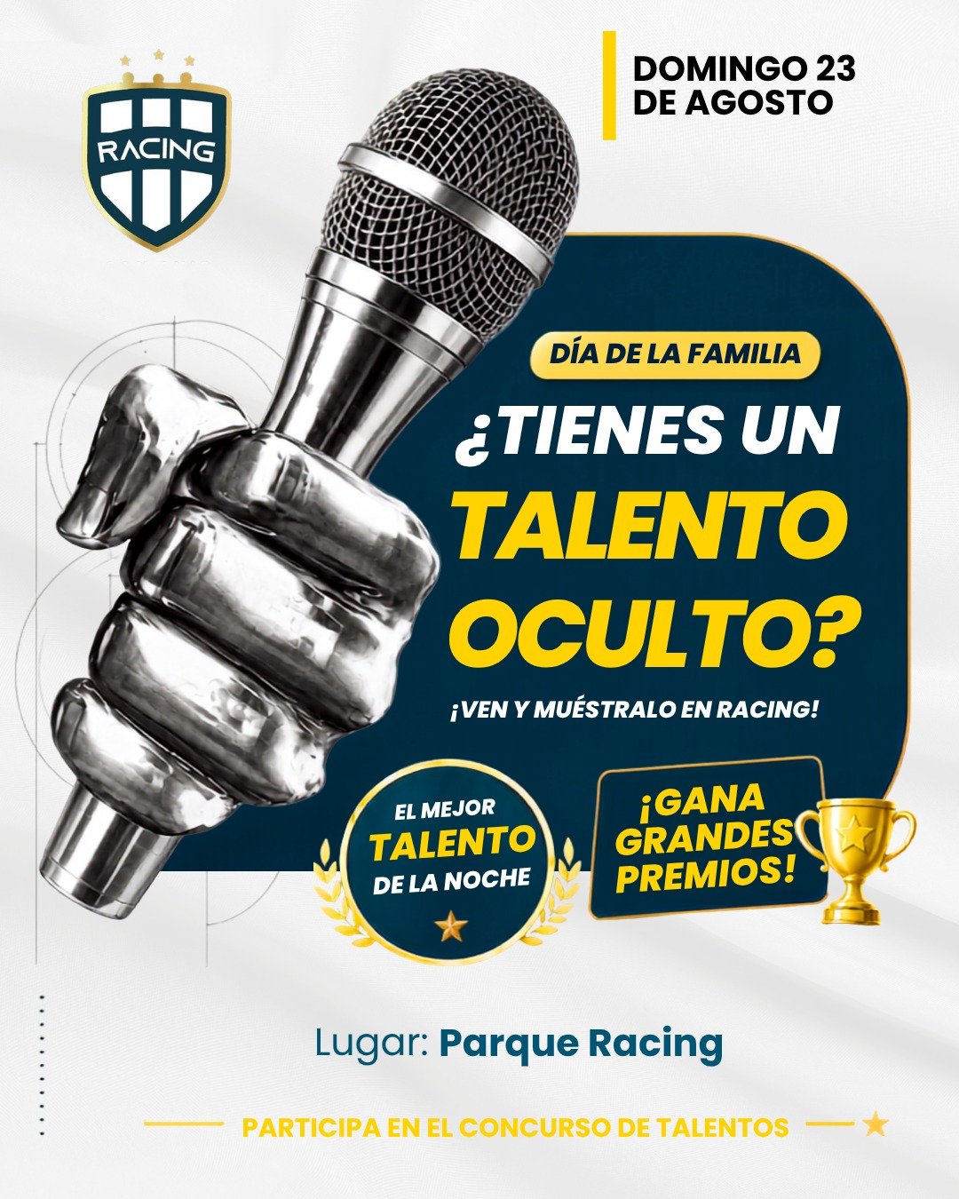 Flyer del Concurso de Talentos · Domingo 23 de agosto en el Parque Racing
